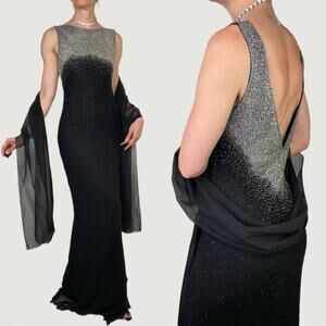 Sue Wong 100% silk beaded cocktail long dress maxi prom gown formal black 12
